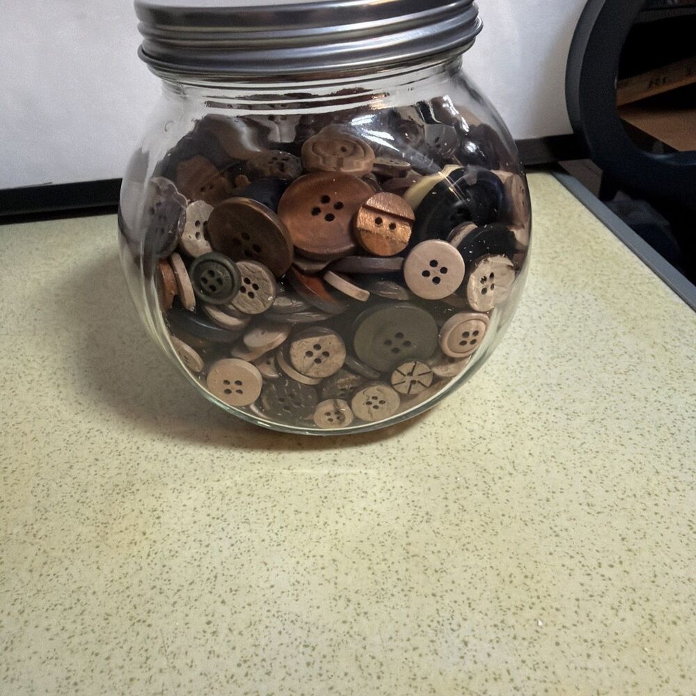 Jar Filled With All Wood Buttons 5in Tall